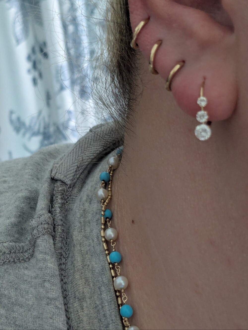 14k Yellow Gold 3 CZ Stone Diamond Simulant Drop Huggie Earrings - Picture 3 of 13